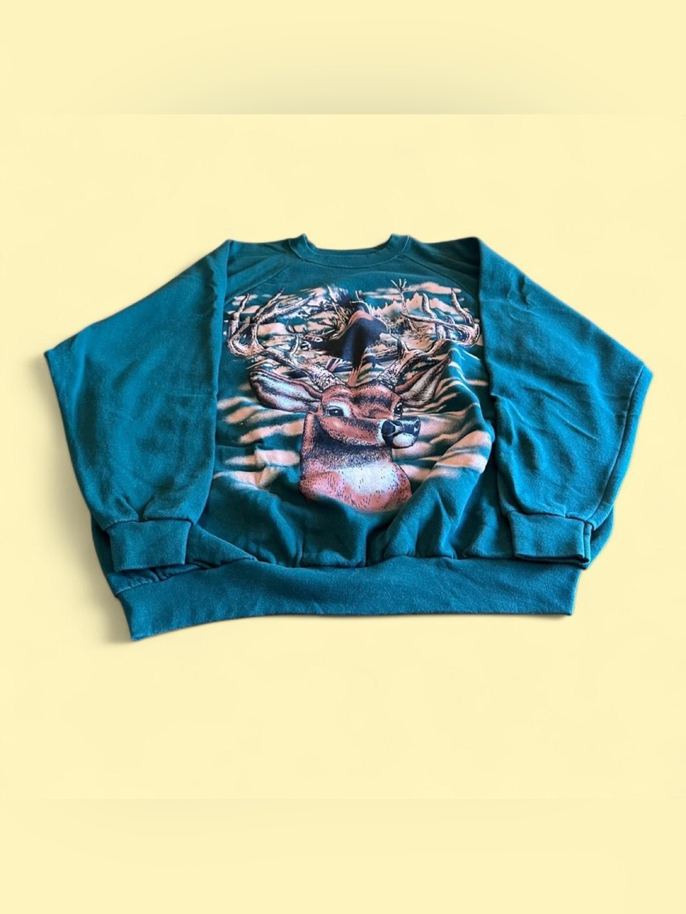 Vintage Pine Green Deer Nature Sweatshirt Men’s XL Oversized Wildlife Graphic